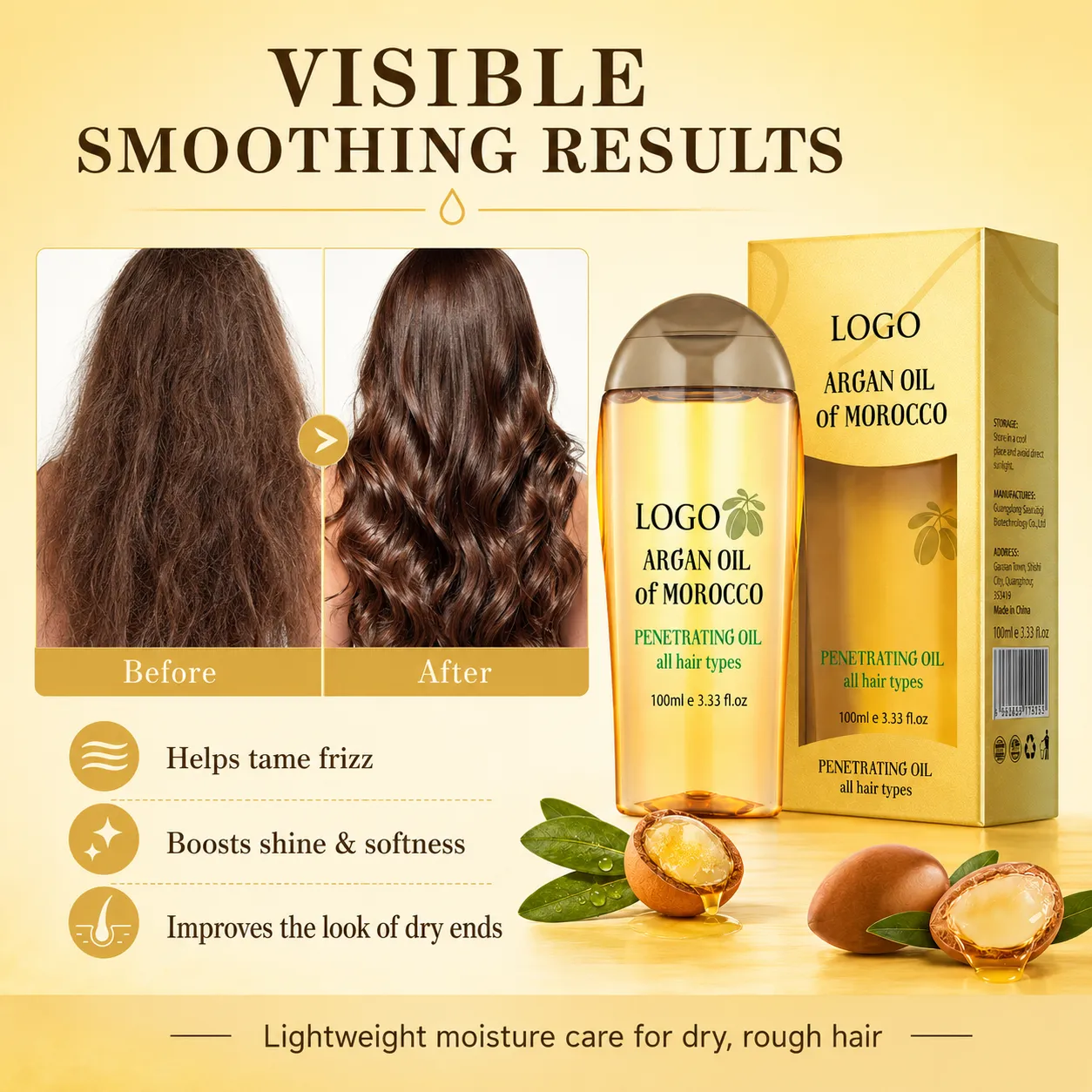 Private Label Argan Oil of Morocco Penetrating Hair Oil 100ml for Dry Frizzy Hair Smoothing Care