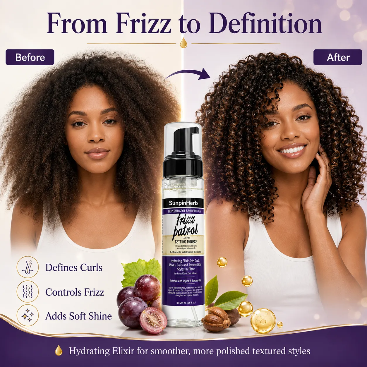 anti-poof setting mousse, frizz control mousse, private label curl mousse, OEM anti frizz foam, ODM setting mousse, natural hair setting mousse, grapeseed oil hair mousse, jojoba oil styling foam, tamanu oil hair care, curl defining mousse, textured hair foam, humidity control mousse, lightweight curl foam, private label hair mousse