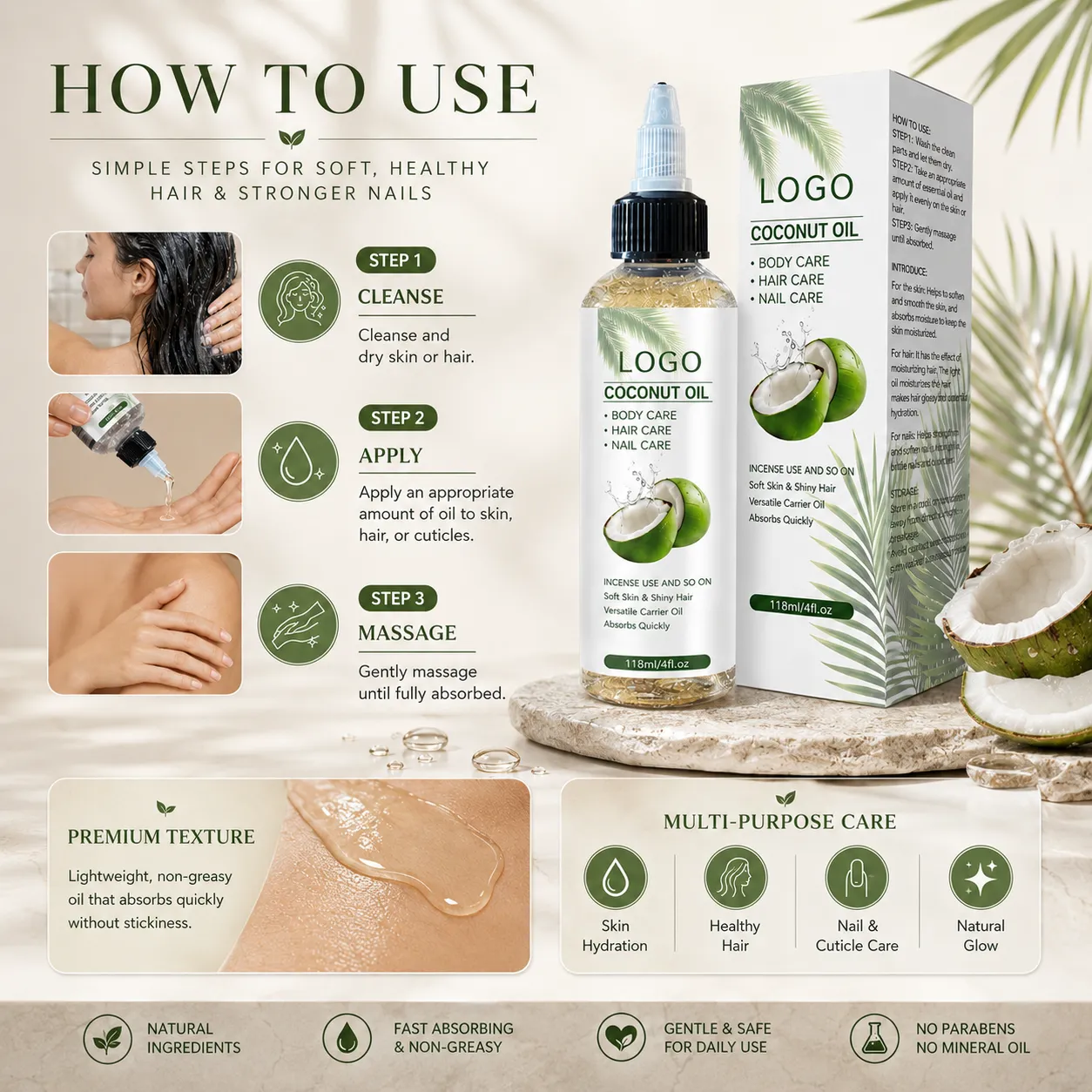 Private Label Coconut Oil Hair Skin Nail Care Oil 118ml Lightweight Non Greasy Multi Purpose Body Hair Oil