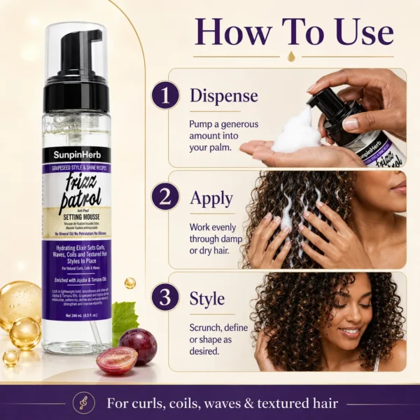 anti-poof setting mousse, frizz control mousse, private label curl mousse, OEM anti frizz foam, ODM setting mousse, natural hair setting mousse, grapeseed oil hair mousse, jojoba oil styling foam, tamanu oil hair care, curl defining mousse, textured hair foam, humidity control mousse, lightweight curl foam, private label hair mousse