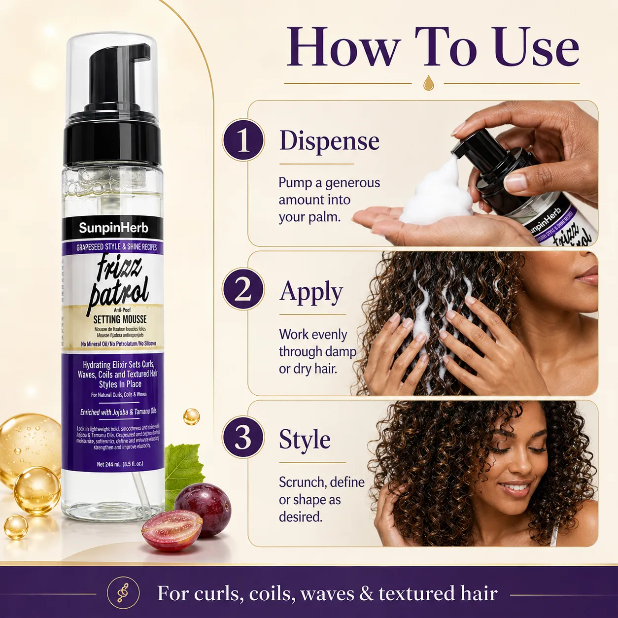 anti-poof setting mousse, frizz control mousse, private label curl mousse, OEM anti frizz foam, ODM setting mousse, natural hair setting mousse, grapeseed oil hair mousse, jojoba oil styling foam, tamanu oil hair care, curl defining mousse, textured hair foam, humidity control mousse, lightweight curl foam, private label hair mousse