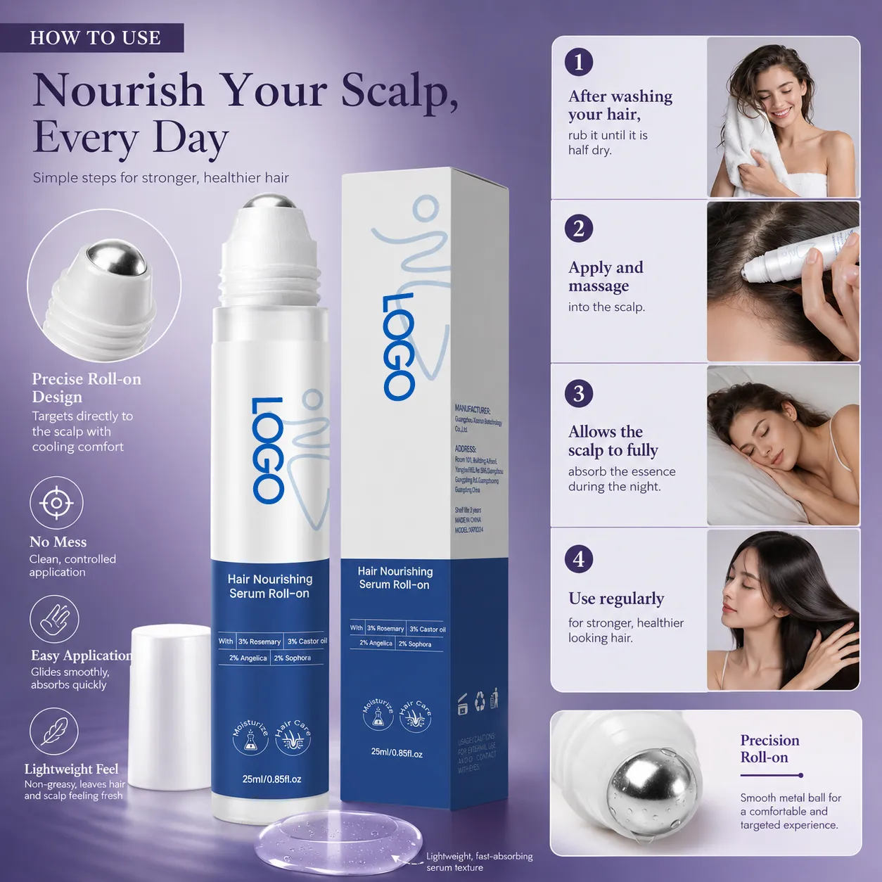 Rosemary Castor Oil Hair Nourishing Serum Roll-On for Scalp Care – OEM/ODM Custom Formula