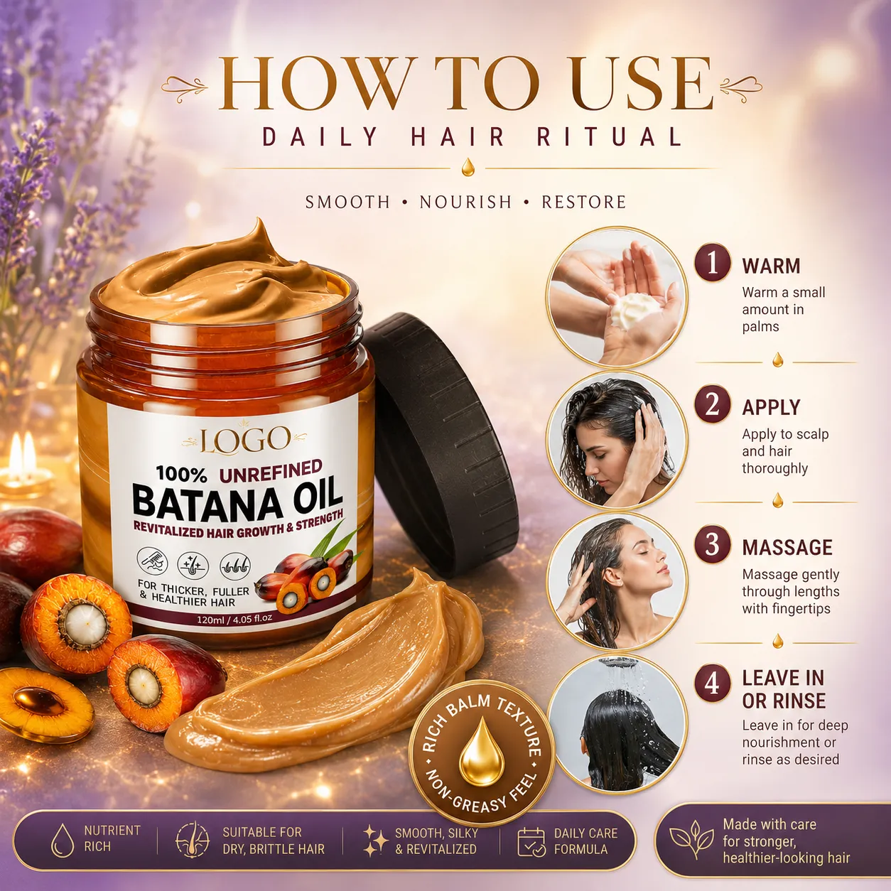 100% Unrefined Batana Oil Hair Balm for Hair Growth Care & Deep Conditioning