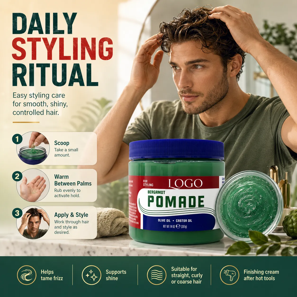 Bergamot Pomade Hair Styling Gel for Strong Hold Frizz Control & Shine – OEM/ODM Custom Formula