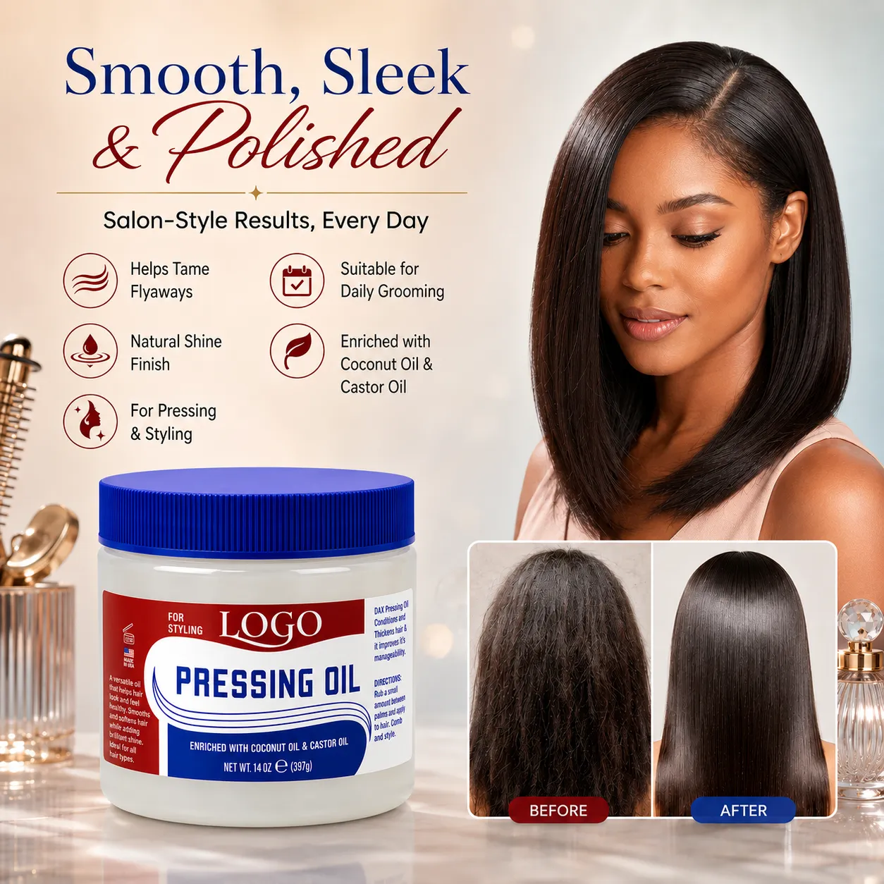 Coconut & Castor Oil Pressing Oil Hair Styling Cream for Smooth Sleek Shine – OEM/ODM Custom Formula