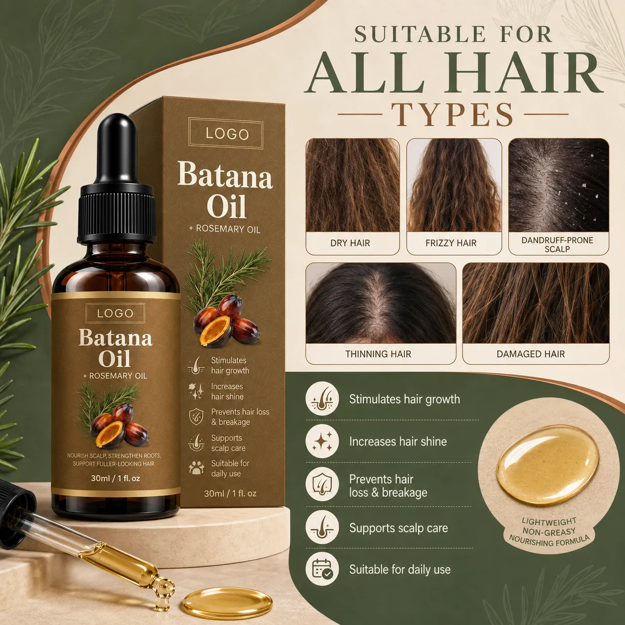 Private Label Batana Rosemary Oil for Scalp Care & Hair Growth Support – 30ml / 1 fl oz