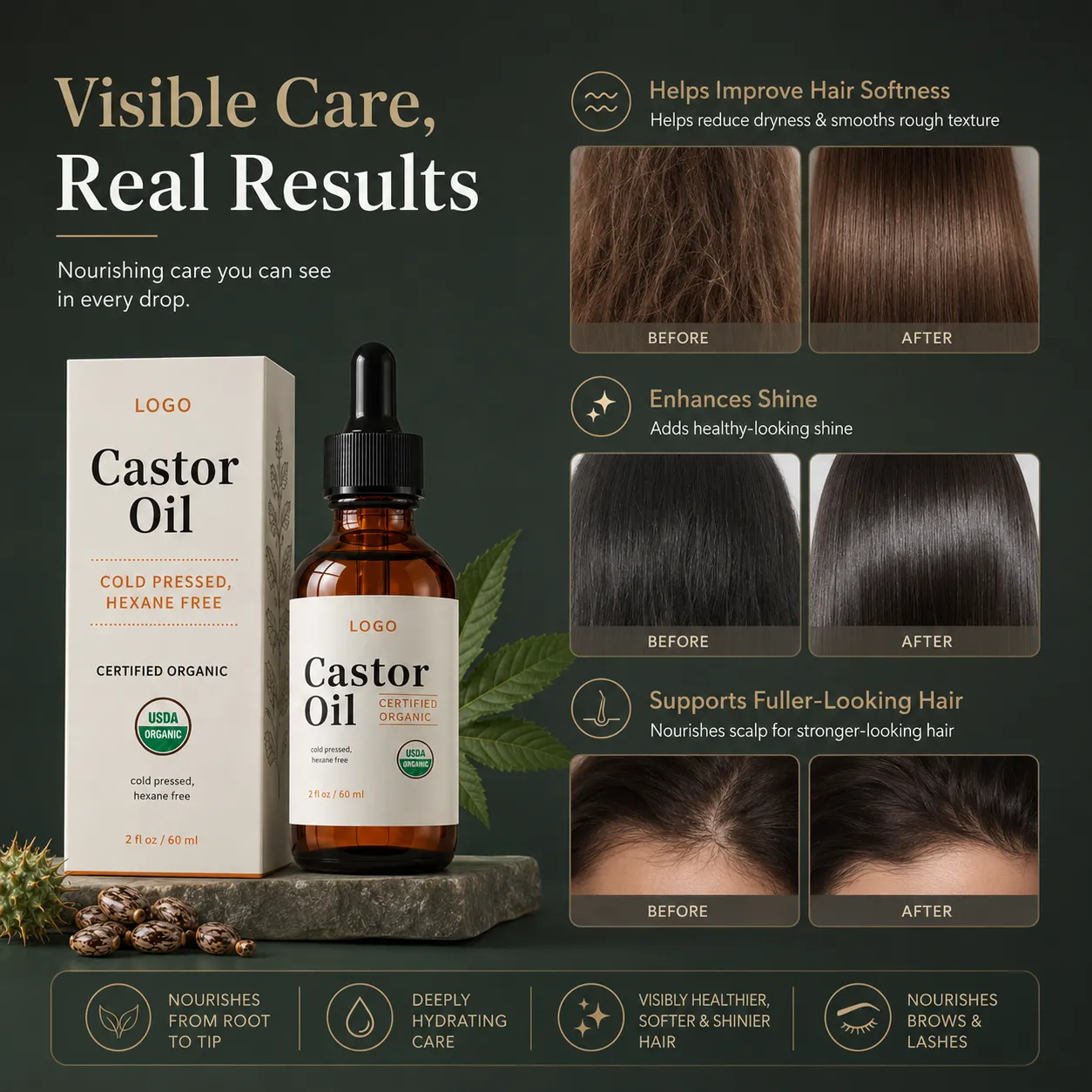 Private Label Organic Castor Oil for Hair Brows Lashes and Skin 60ml