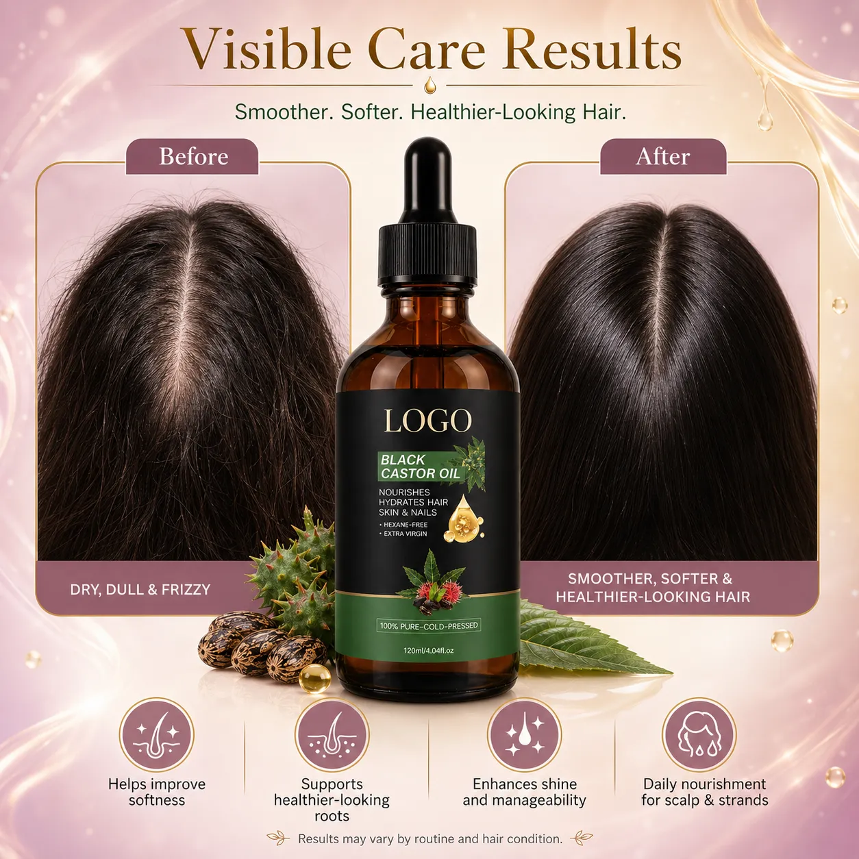 Private Label Black Castor Oil for Hair Scalp Skin Brows Lashes and Nails 120ml