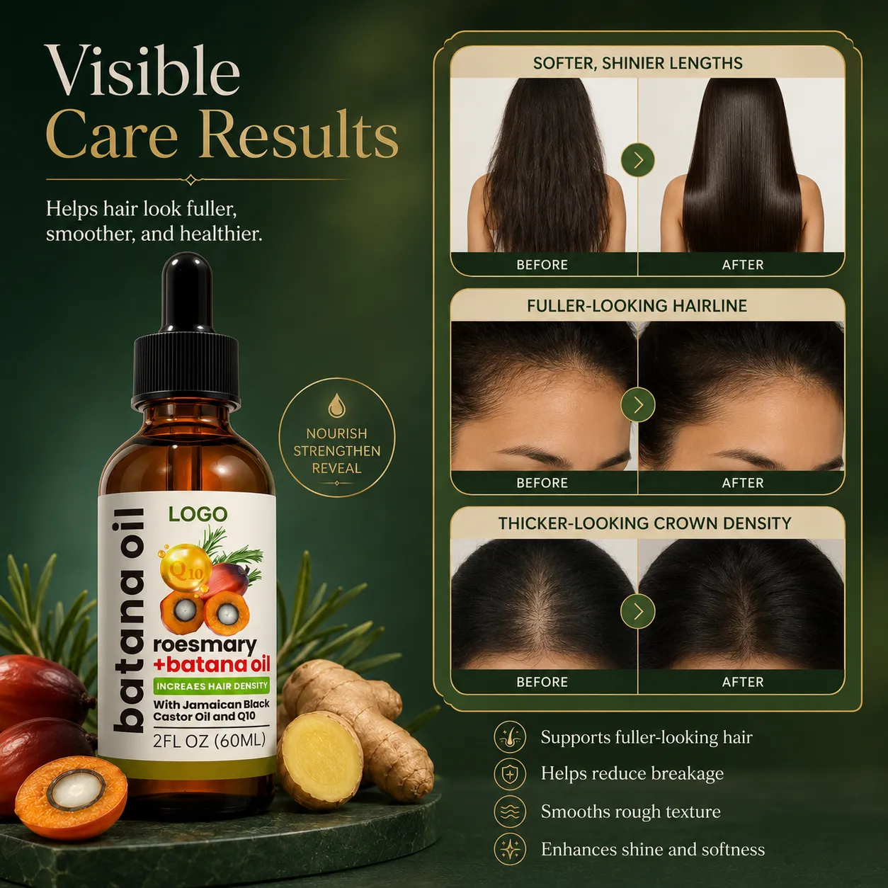 Private Label Rosemary Batana Hair Oil with Jamaican Black Castor Oil and Q10 60ml for Scalp Nourishing Care
