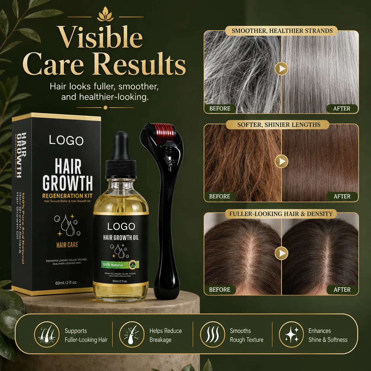 Private Label Hair Growth Oil Kit with Dermaroller 60ml Botanical Scalp Oil Set for Fuller-Looking Hair