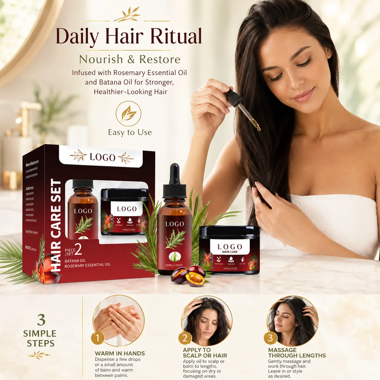 Private Label Rosemary Batana Hair Care Set 60ml Essential Oil and 100g Cream for Scalp Nourishing Hair Growth Care