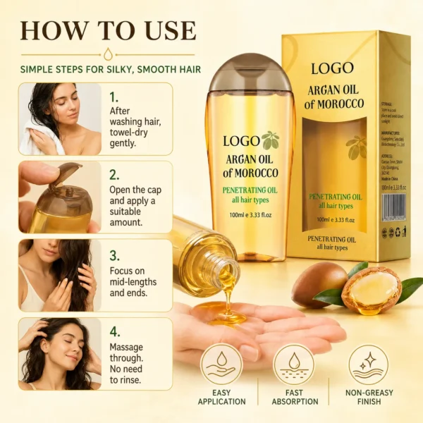 Private Label Argan Oil of Morocco Penetrating Hair Oil 100ml for Dry Frizzy Hair Smoothing Care