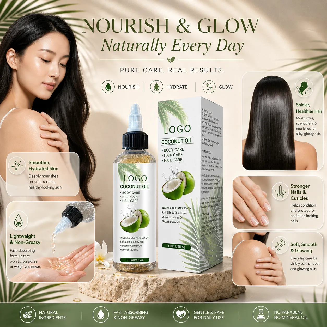 Private Label Coconut Oil Hair Skin Nail Care Oil 118ml Lightweight Non Greasy Multi Purpose Body Hair Oil
