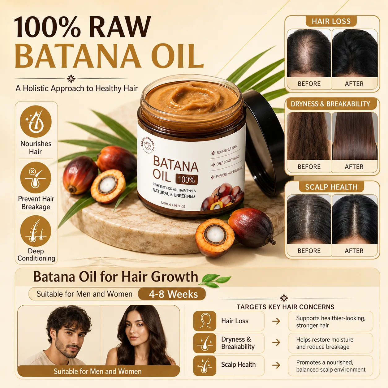 100% Raw Batana Oil Hair Treatment Cream for Hair Growth Care