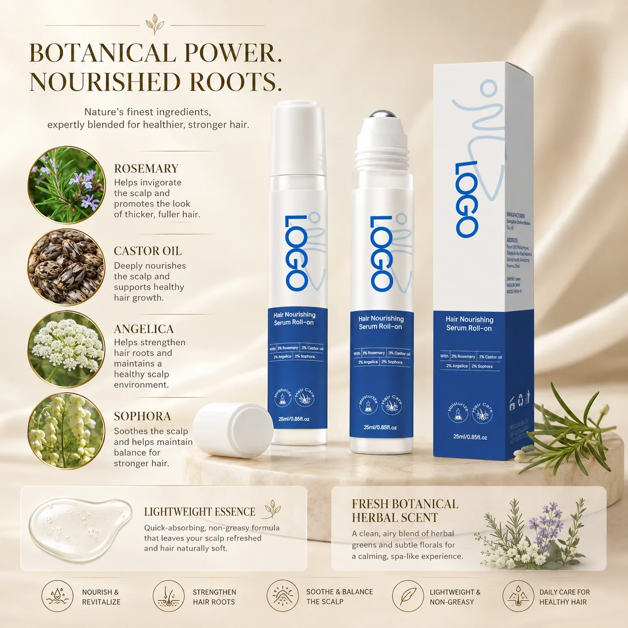 Rosemary Castor Oil Hair Nourishing Serum Roll-On for Scalp Care – OEM/ODM Custom Formula
