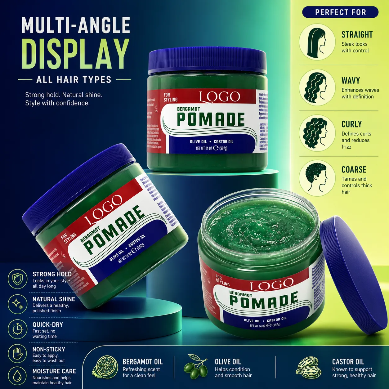 Bergamot Pomade Hair Styling Gel for Strong Hold Frizz Control & Shine – OEM/ODM Custom Formula