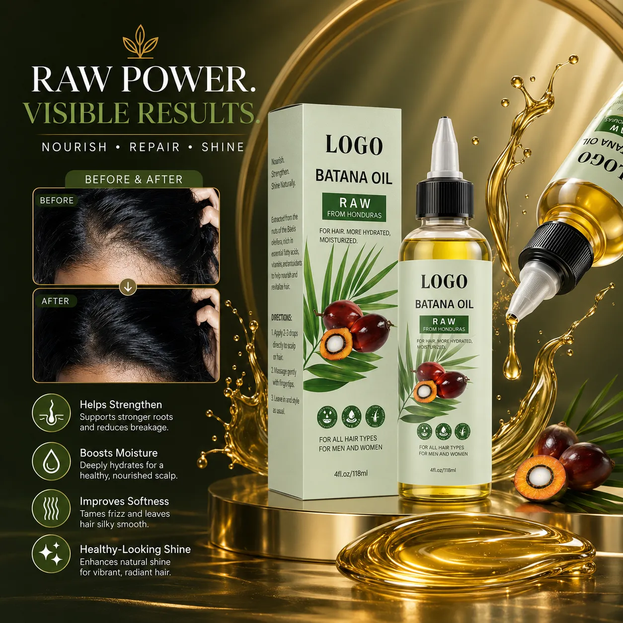 Private Label Raw Batana Oil from Honduras for Hair Growth Support & Scalp Care – 4oz / 118ml