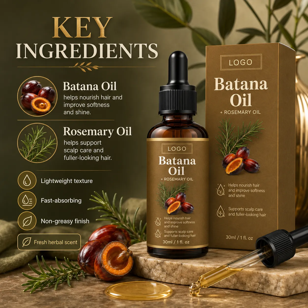 Private Label Batana Rosemary Oil for Scalp Care & Hair Growth Support – 30ml / 1 fl oz