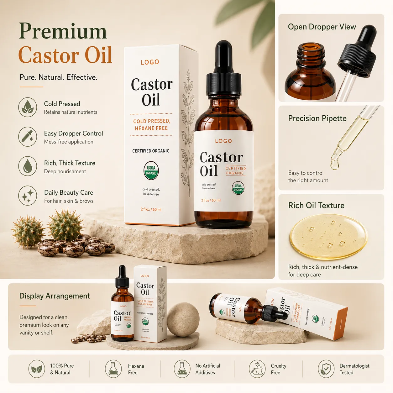 Private Label Organic Castor Oil for Hair Brows Lashes and Skin 60ml