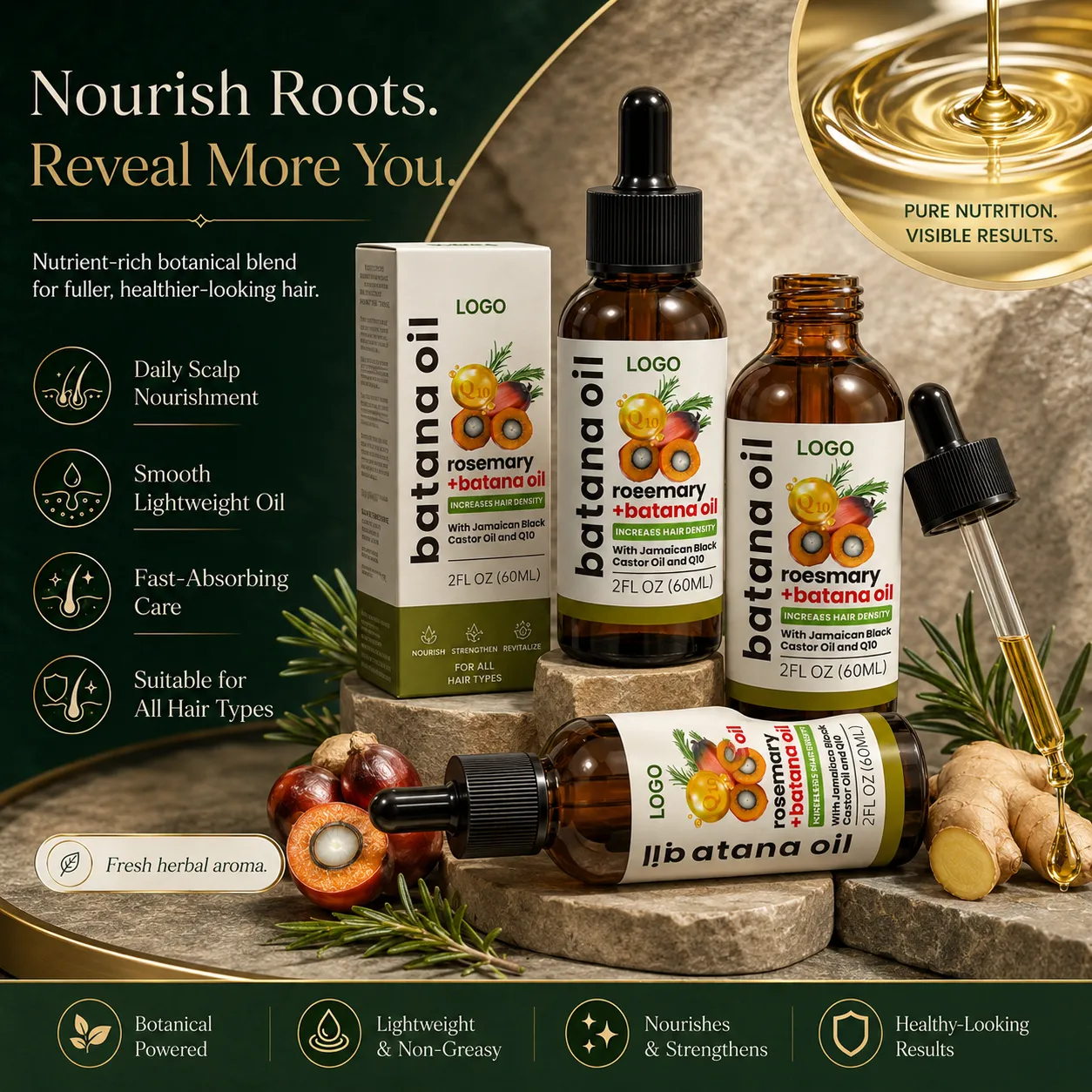 Private Label Rosemary Batana Hair Oil with Jamaican Black Castor Oil and Q10 60ml for Scalp Nourishing Care