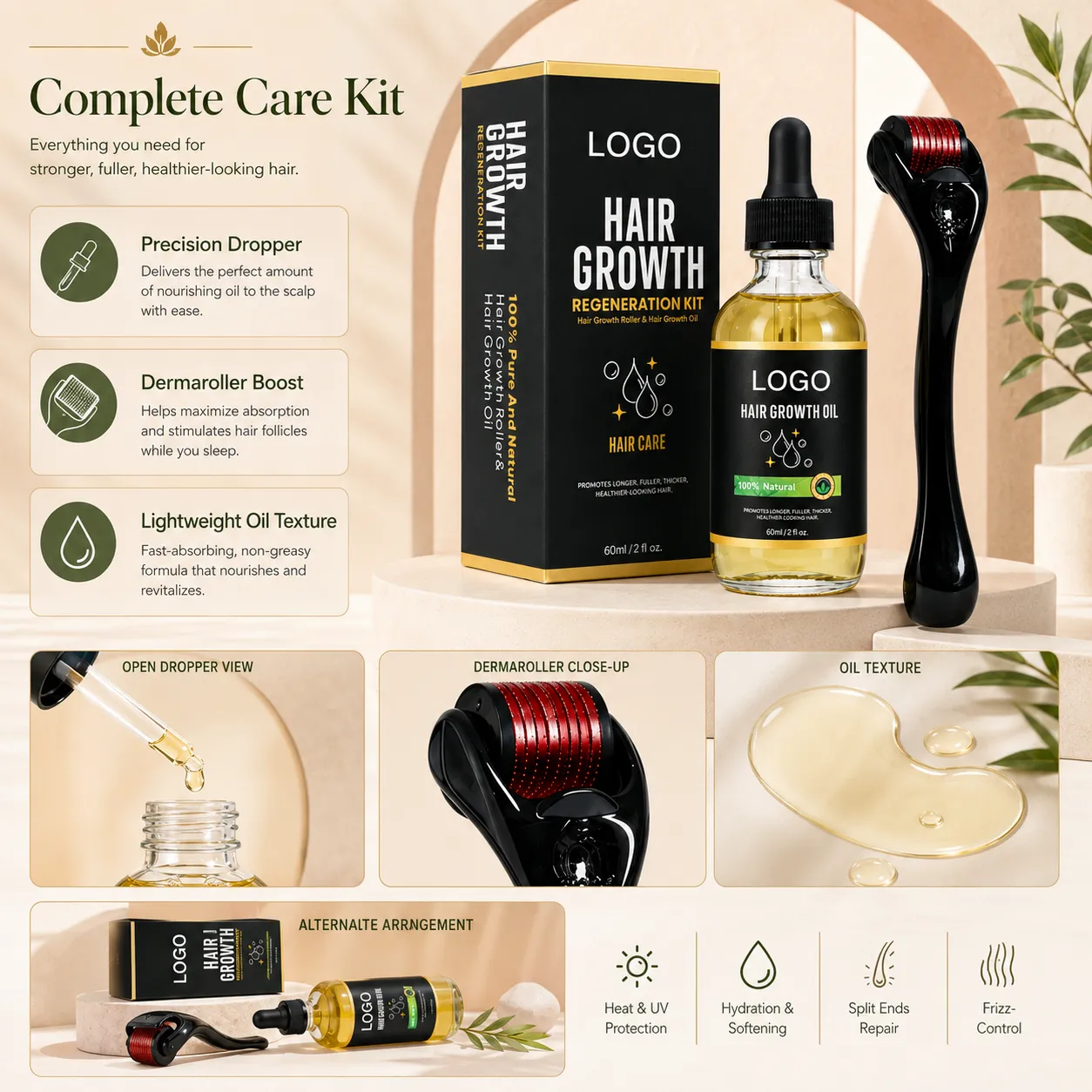 Private Label Hair Growth Oil Kit with Dermaroller 60ml Botanical Scalp Oil Set for Fuller-Looking Hair