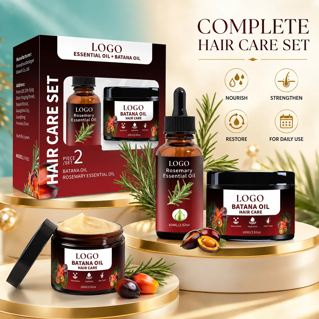 Private Label Rosemary Batana Hair Care Set 60ml Essential Oil and 100g Cream for Scalp Nourishing Hair Growth Care