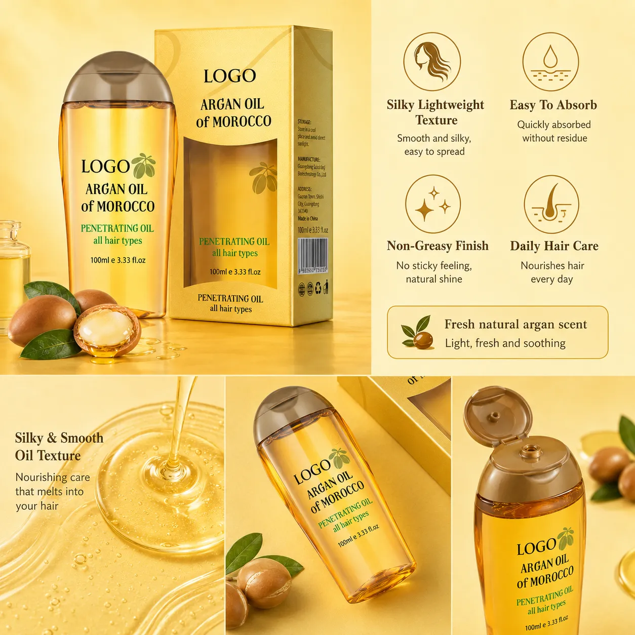 Private Label Argan Oil of Morocco Penetrating Hair Oil 100ml for Dry Frizzy Hair Smoothing Care