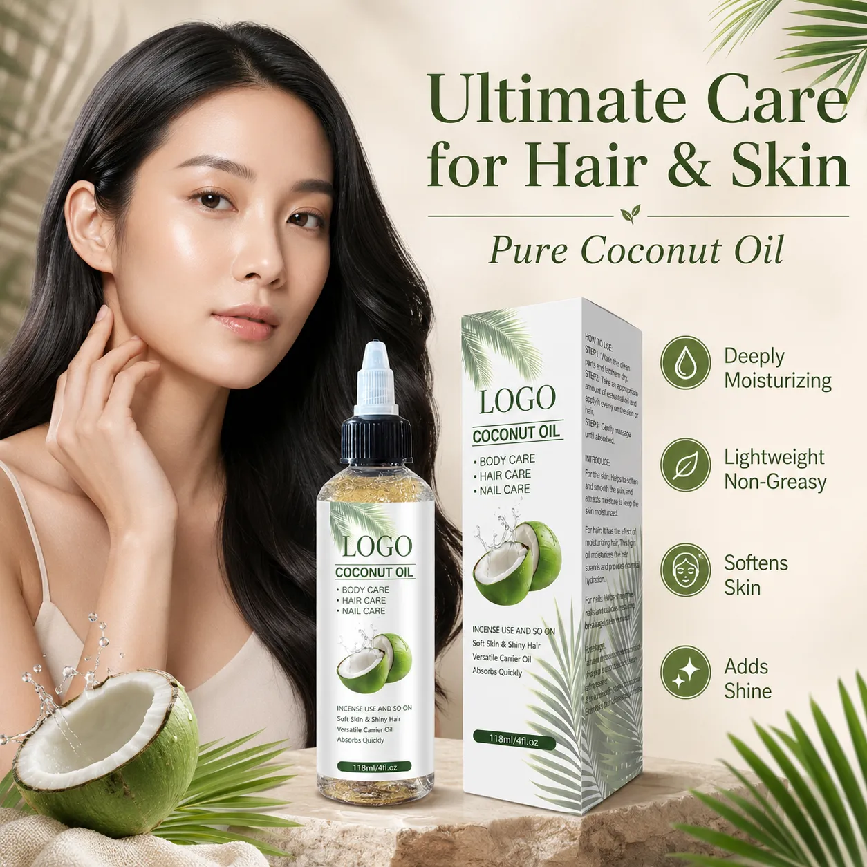 Private Label Coconut Oil Hair Skin Nail Care Oil 118ml Lightweight Non Greasy Multi Purpose Body Hair Oil