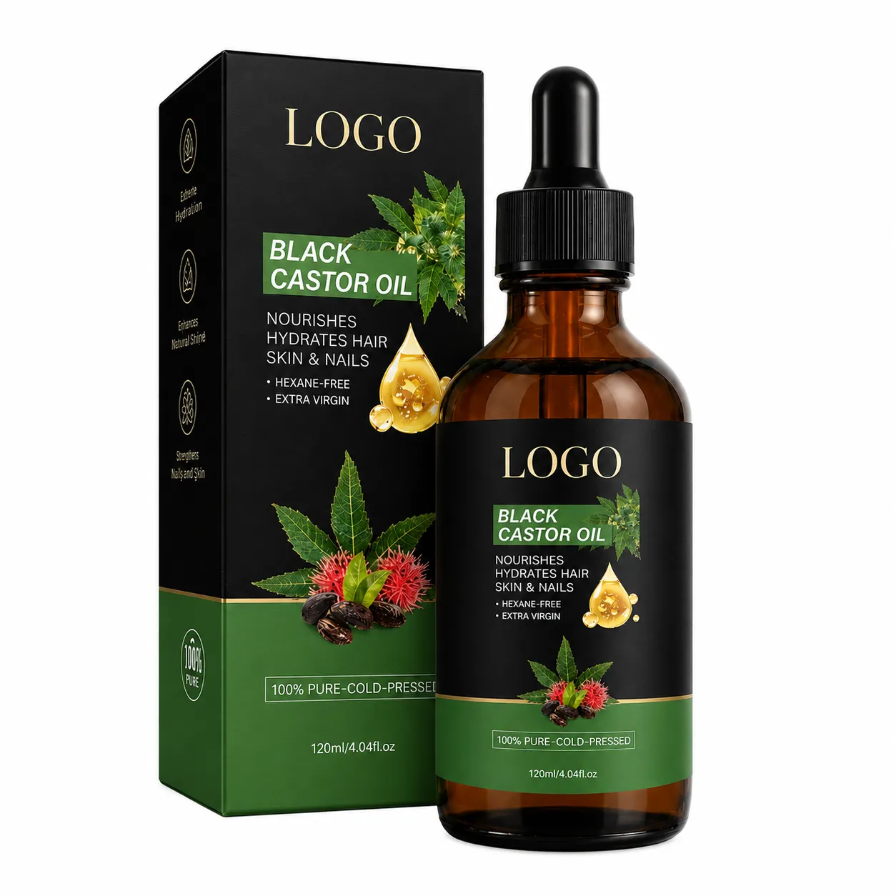 Private Label Black Castor Oil for Hair Scalp Skin Brows Lashes and Nails 120ml
