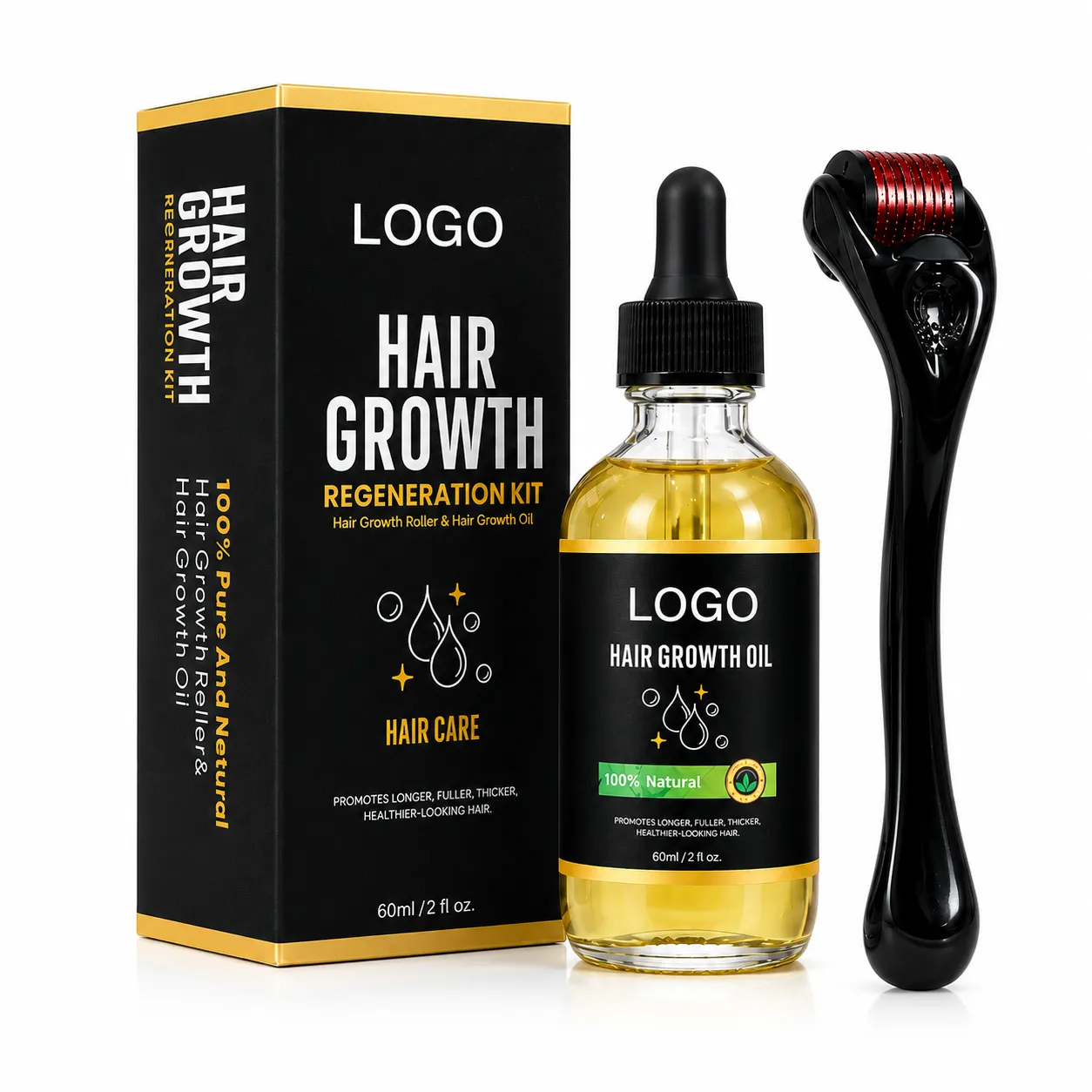 Private Label Hair Growth Oil Kit with Dermaroller 60ml Botanical Scalp Oil Set for Fuller-Looking Hair