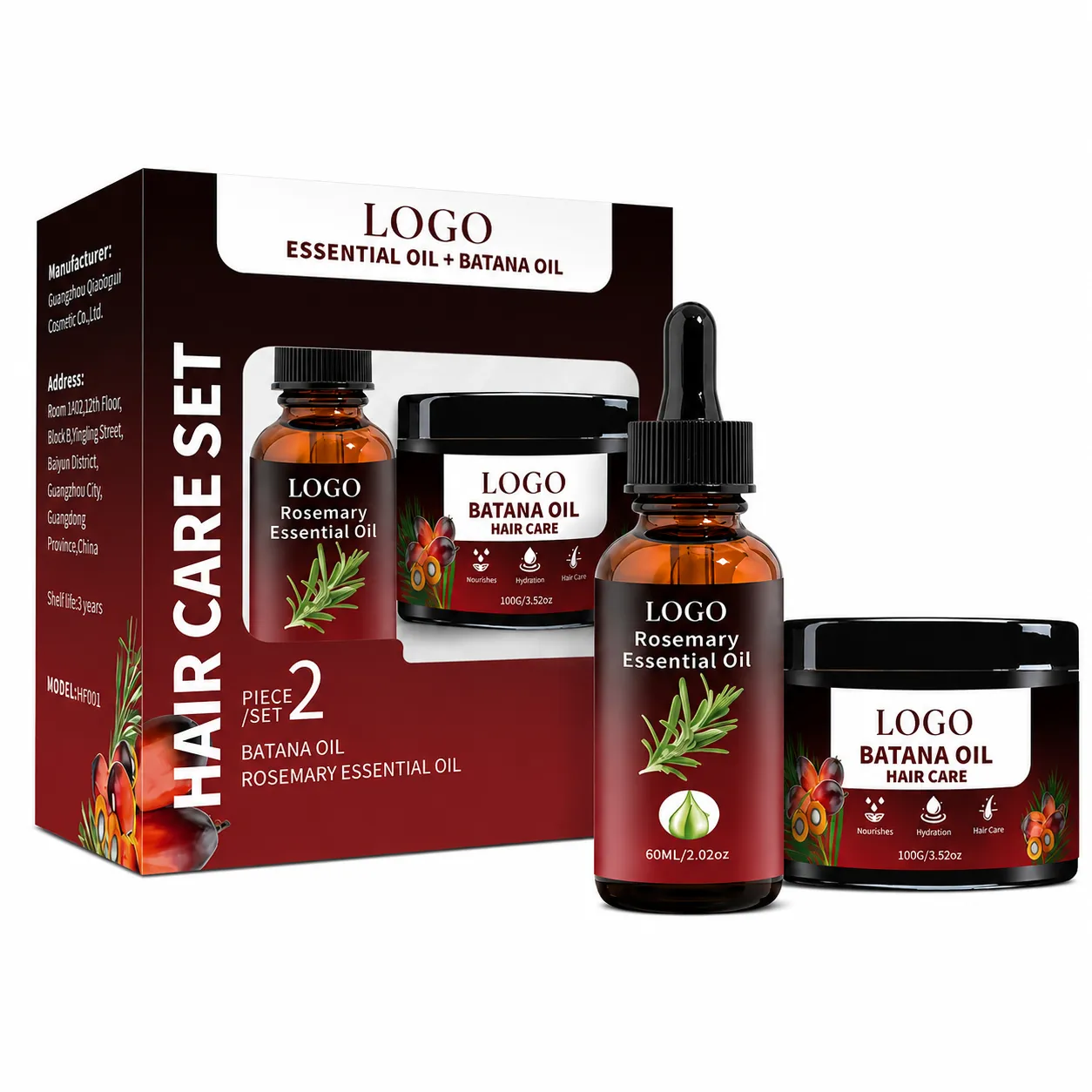 Private Label Rosemary Batana Hair Care Set 60ml Essential Oil and 100g Cream for Scalp Nourishing Hair Growth Care