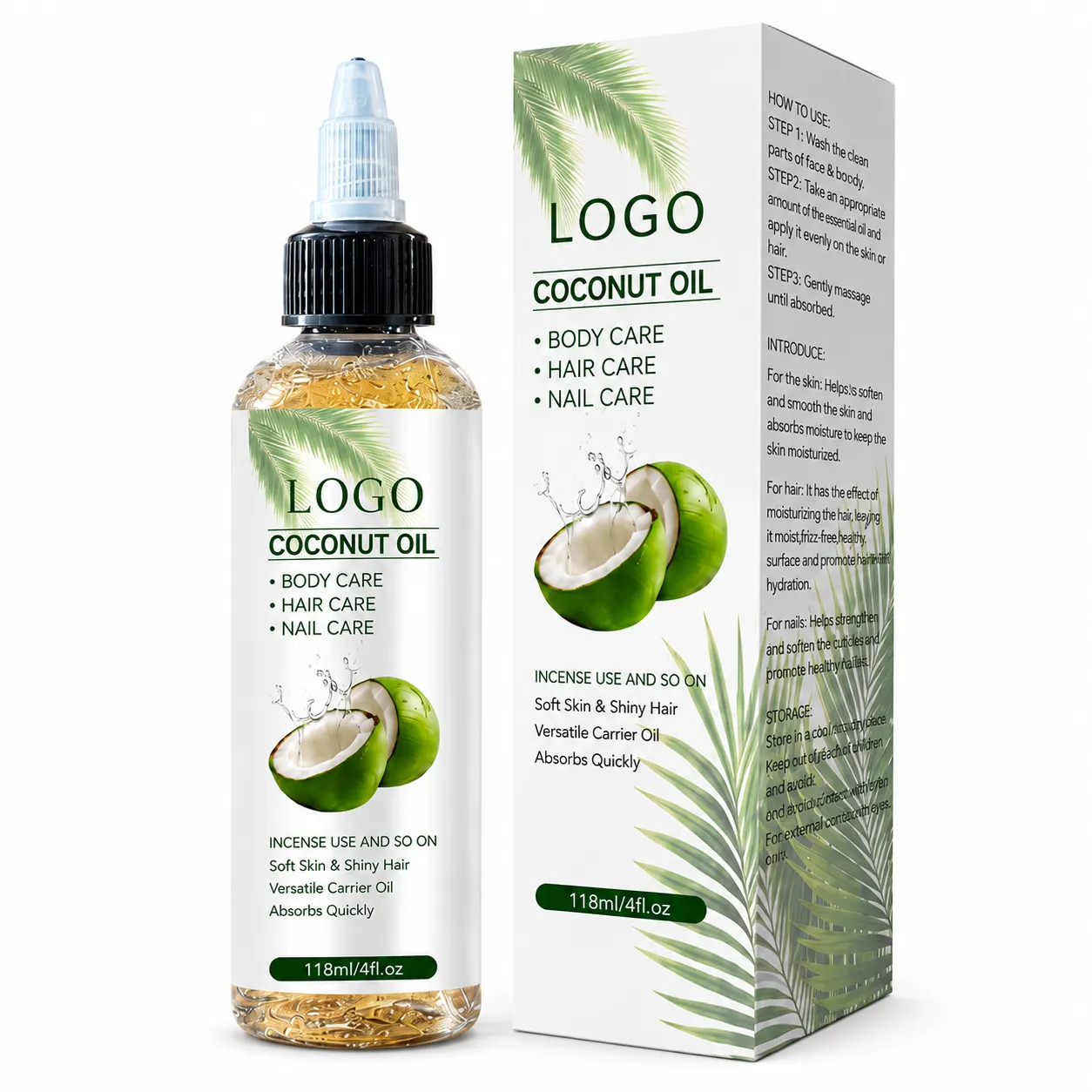 Private Label Coconut Oil Hair Skin Nail Care Oil 118ml Lightweight Non Greasy Multi Purpose Body Hair Oil