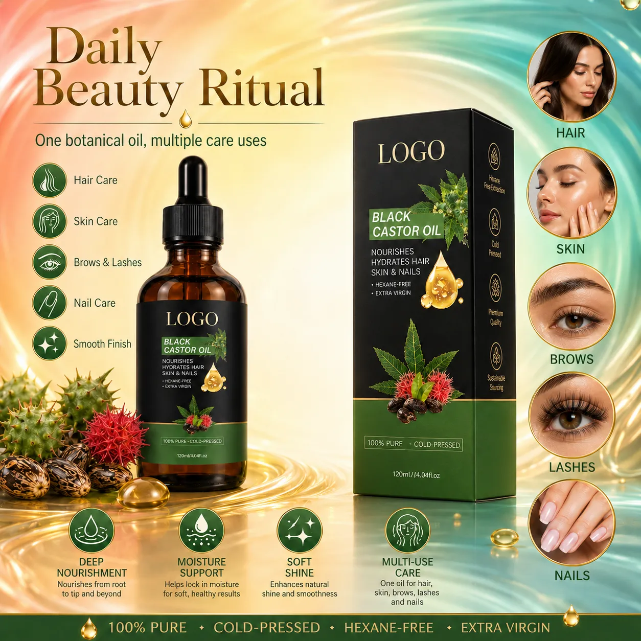 Private Label Black Castor Oil for Hair Scalp Skin Brows Lashes and Nails 120ml