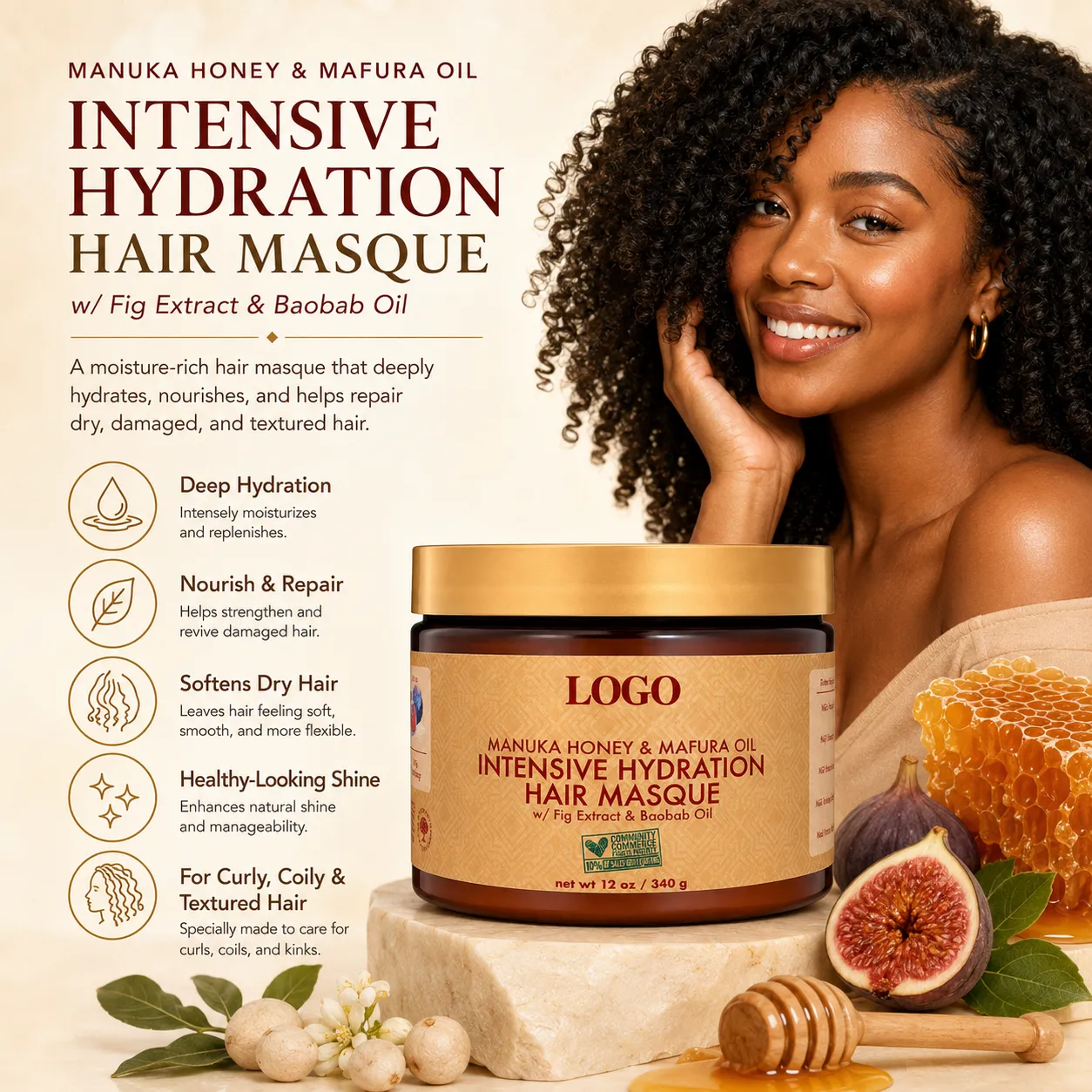 Private Label Manuka Honey Hair Mask 12oz for Dry Curly Hair OEM ODM Manufacturer