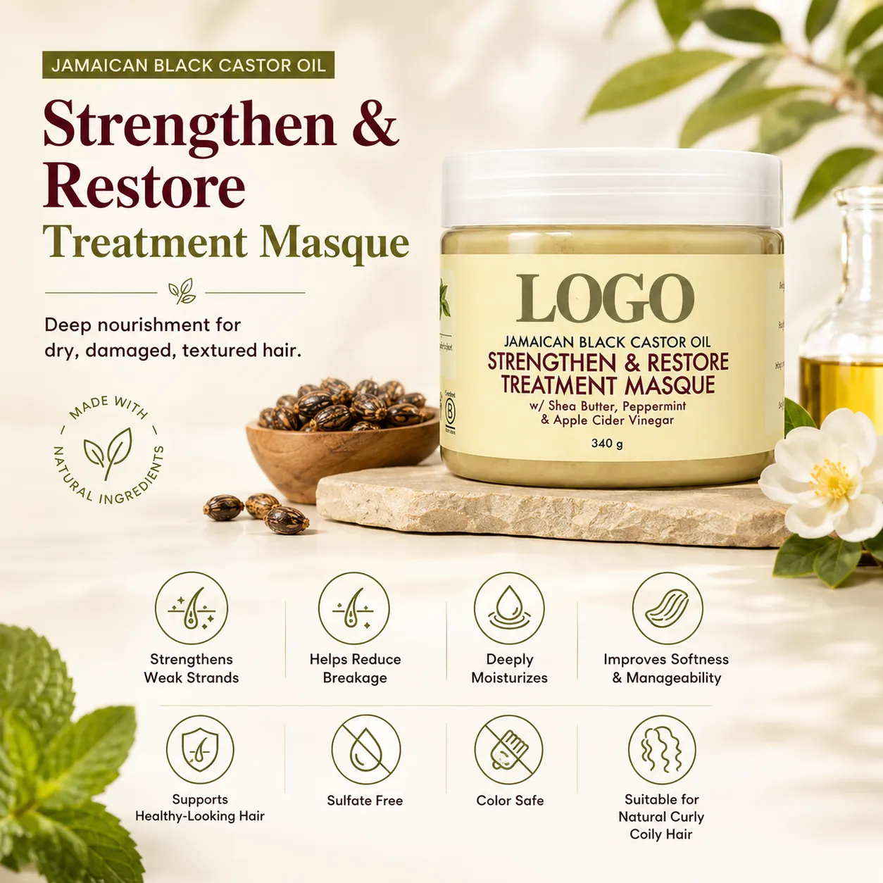 Private Label Jamaican Black Castor Oil Hair Mask 12oz for Damaged Curly Hair OEM ODM Manufacturer