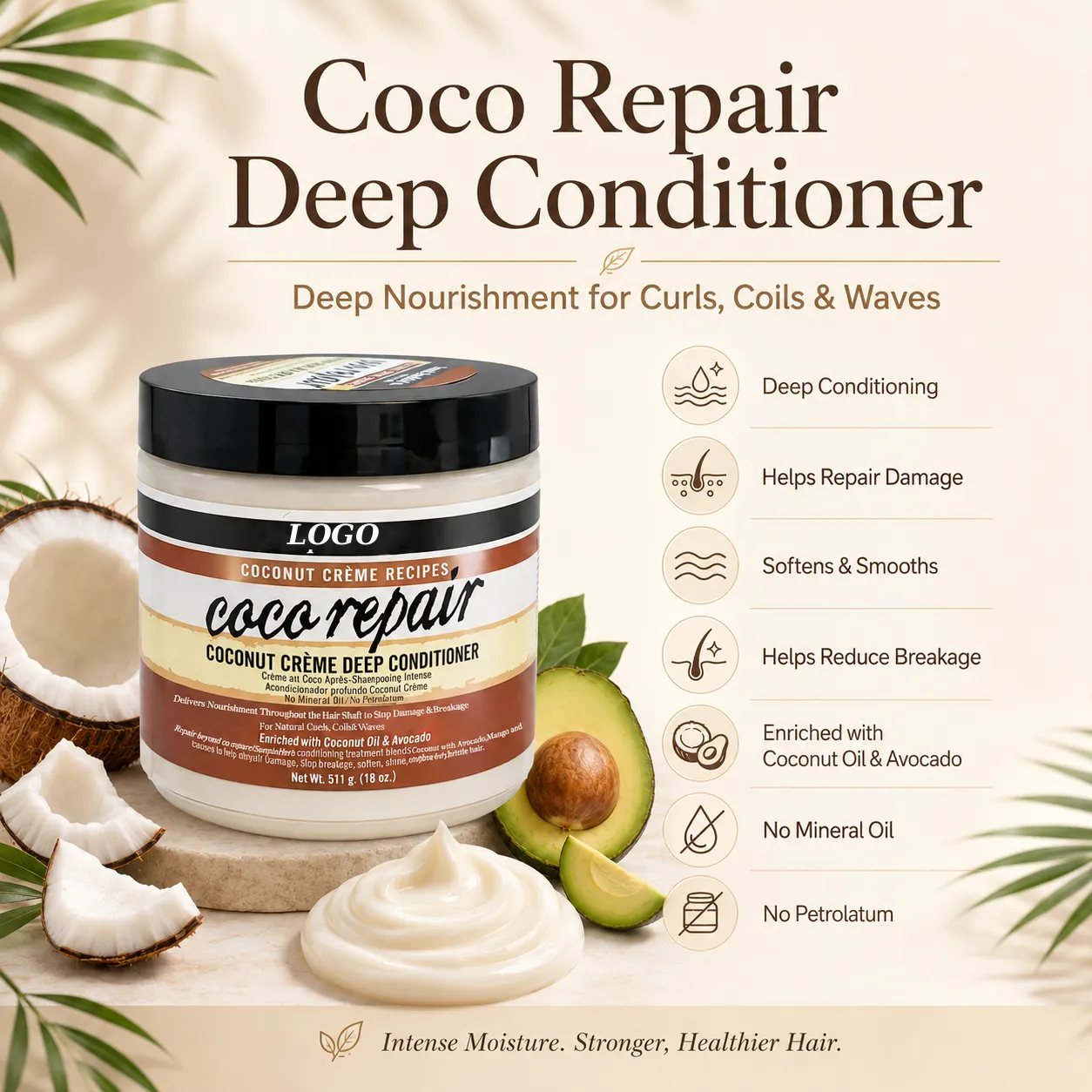 Private Label Coconut Crème Deep Conditioner 18oz for Curly Coily Hair OEM ODM Manufacturer