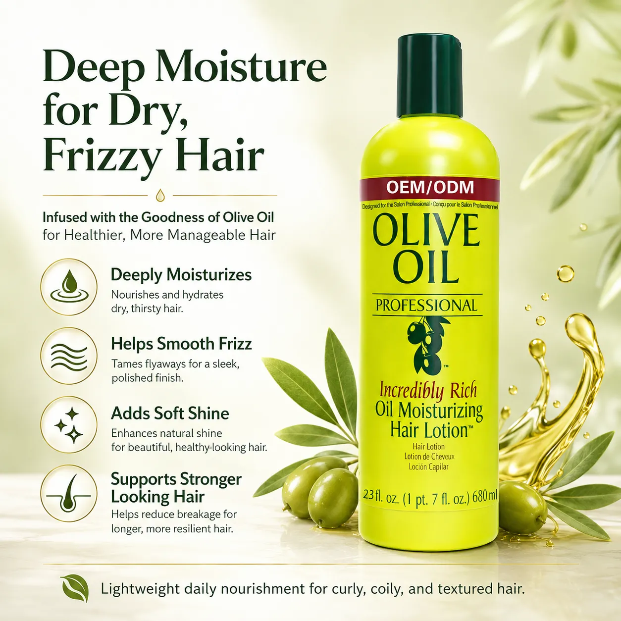 Private Label Olive Oil Moisturizing Hair Lotion 23oz OEM ODM