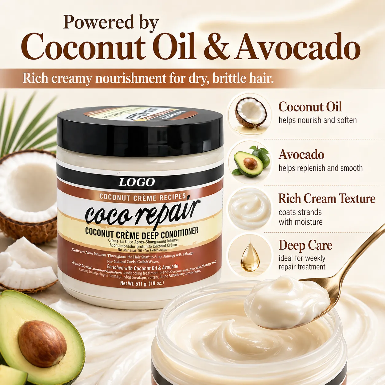 Private Label Coconut Crème Deep Conditioner 18oz for Curly Coily Hair OEM ODM Manufacturer