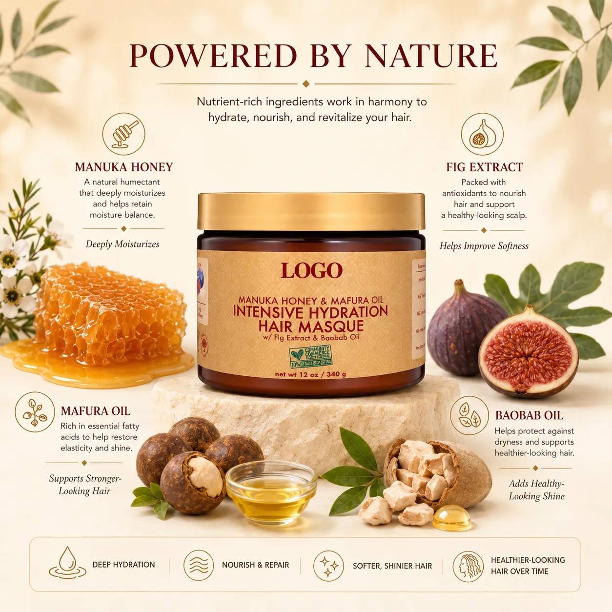 Private Label Manuka Honey Hair Mask 12oz for Dry Curly Hair OEM ODM Manufacturer