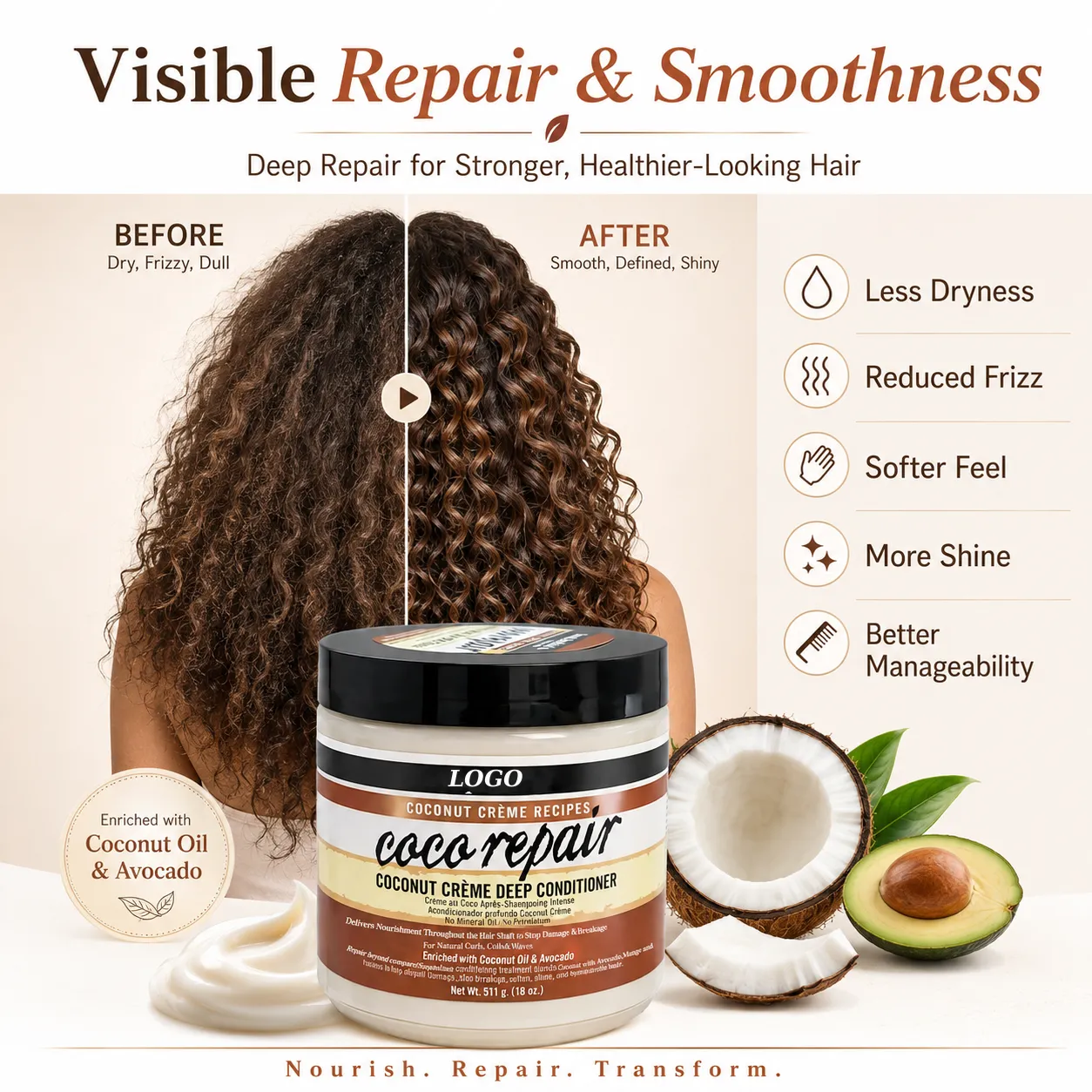 Private Label Coconut Crème Deep Conditioner 18oz for Curly Coily Hair OEM ODM Manufacturer