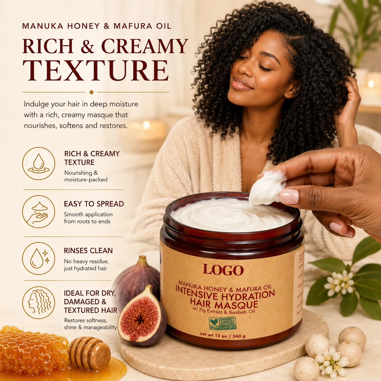 Private Label Manuka Honey Hair Mask 12oz for Dry Curly Hair OEM ODM Manufacturer