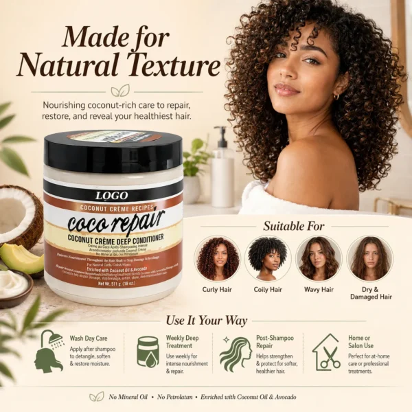 Private Label Coconut Crème Deep Conditioner 18oz for Curly Coily Hair OEM ODM Manufacturer