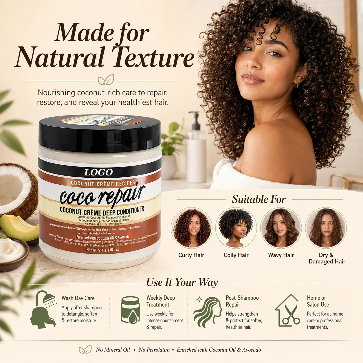 Private Label Coconut Crème Deep Conditioner 18oz for Curly Coily Hair OEM ODM Manufacturer