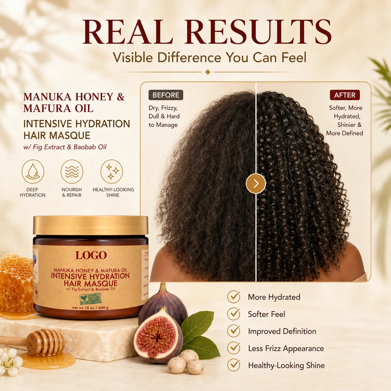 Private Label Manuka Honey Hair Mask 12oz for Dry Curly Hair OEM ODM Manufacturer