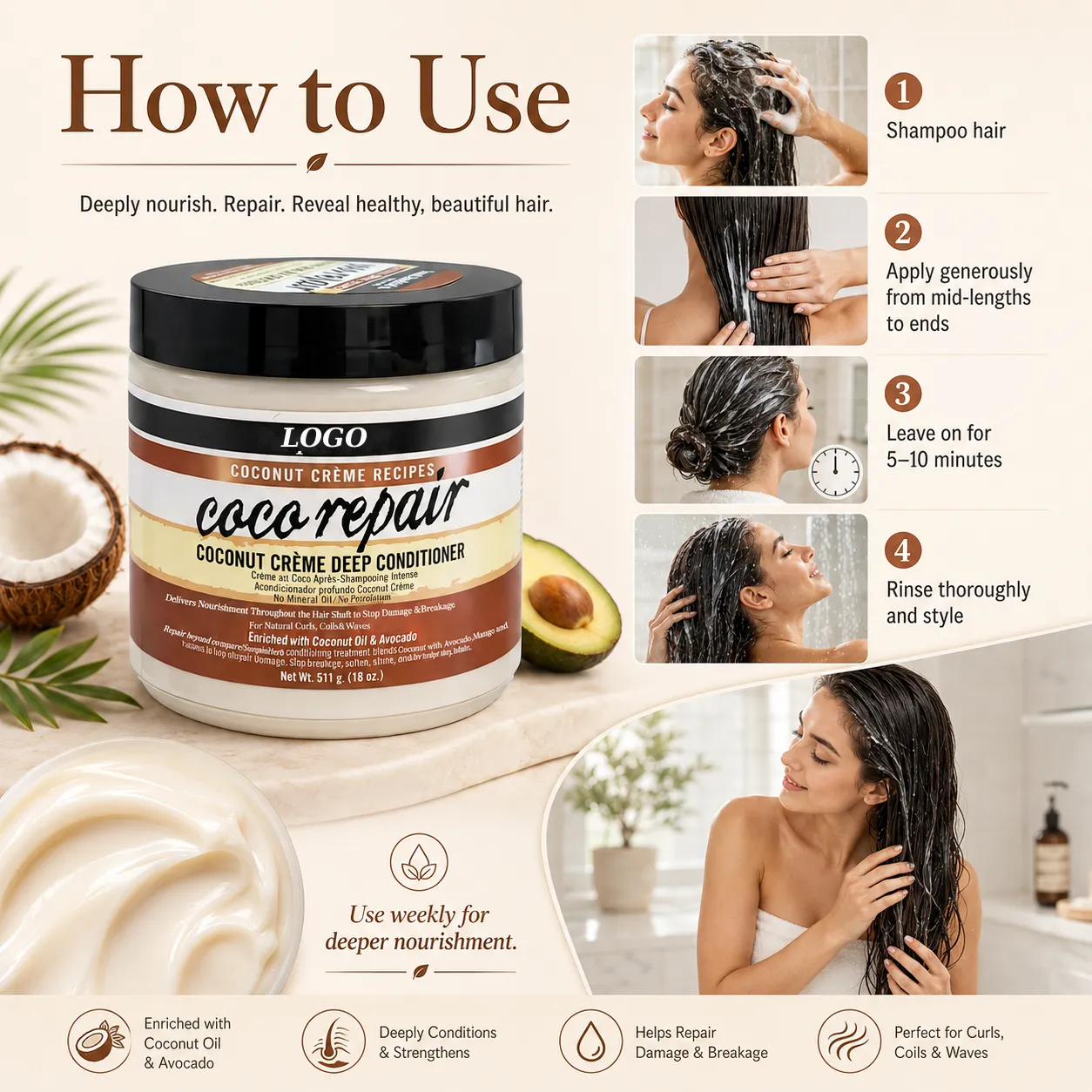 Private Label Coconut Crème Deep Conditioner 18oz for Curly Coily Hair OEM ODM Manufacturer