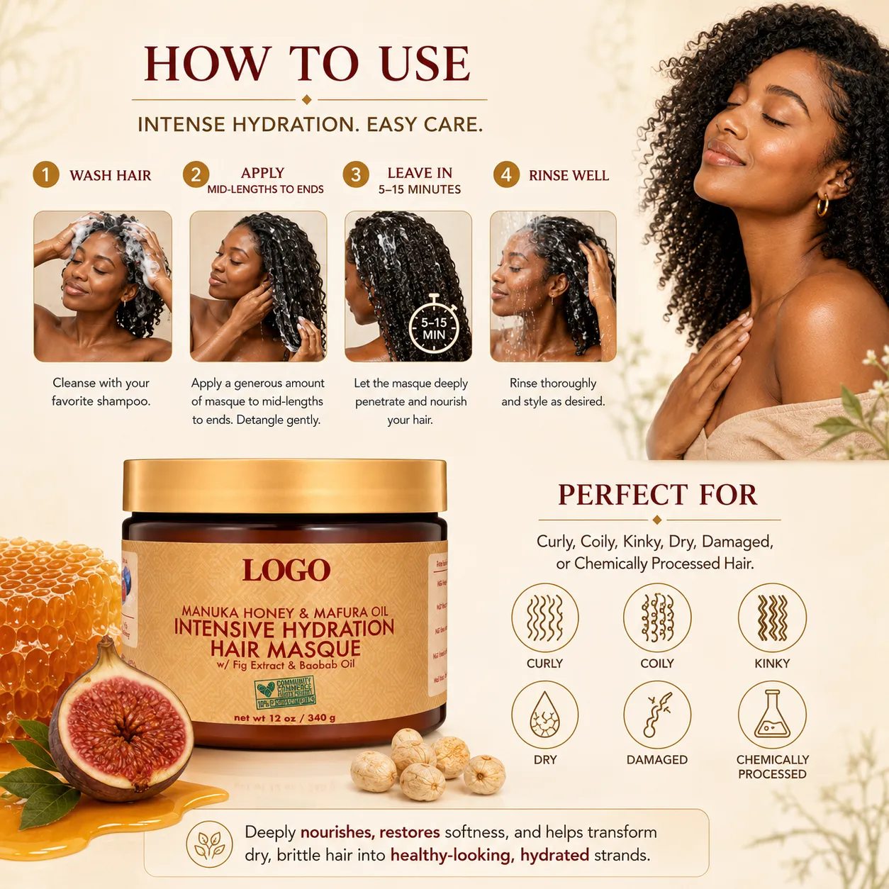 Private Label Manuka Honey Hair Mask 12oz for Dry Curly Hair OEM ODM Manufacturer
