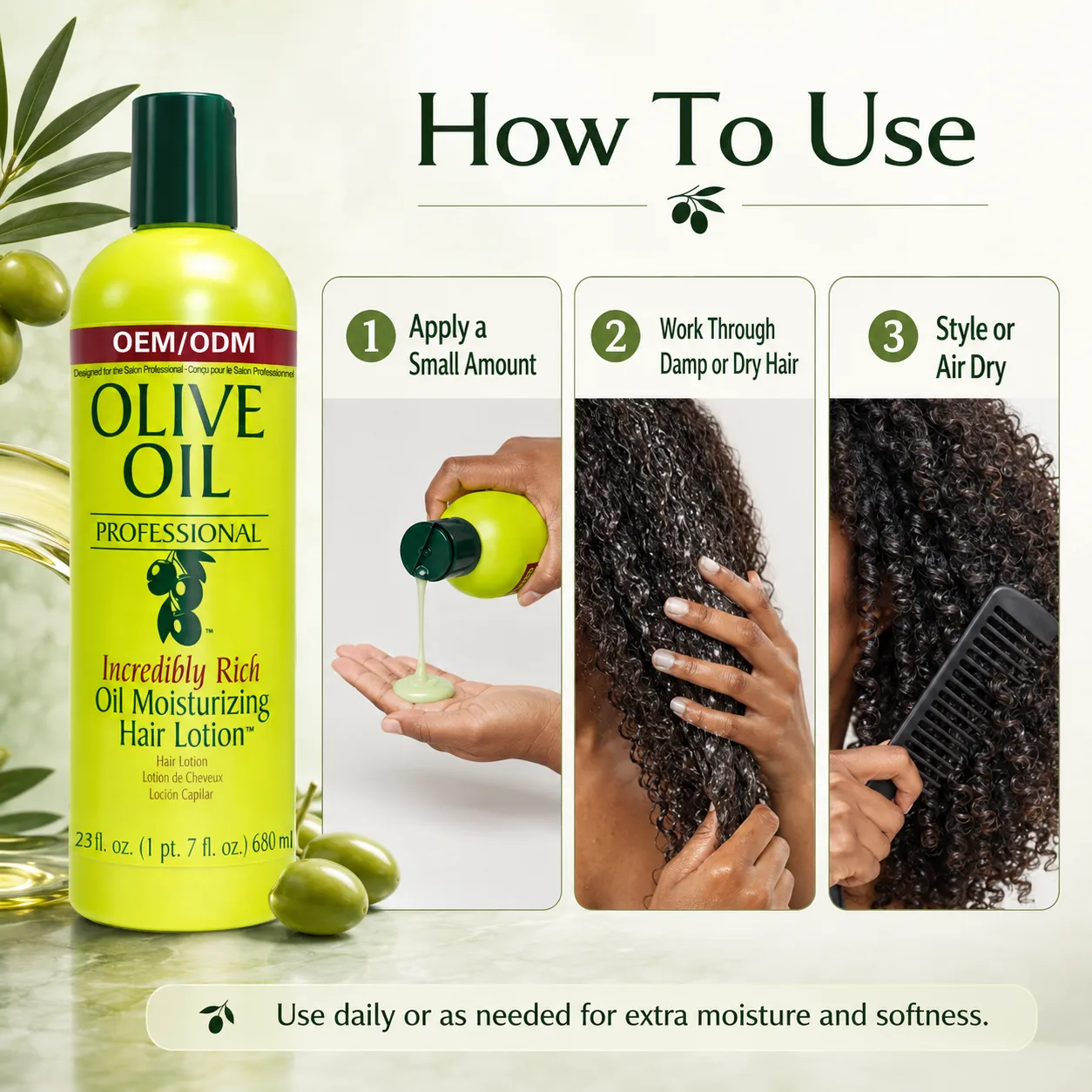 Private Label Olive Oil Moisturizing Hair Lotion 23oz OEM ODM